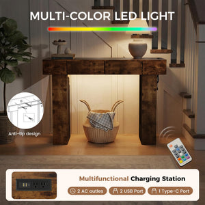 47" Farmhouse Console Table with LED Light, Drawers & Charging Station