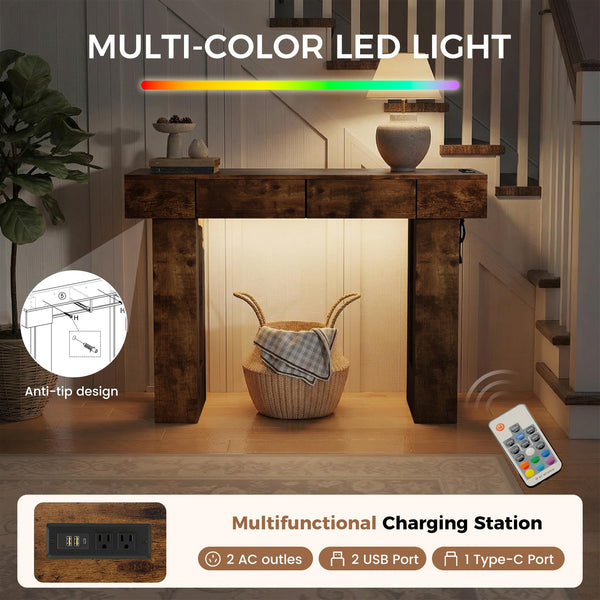 47" Farmhouse Console Table with LED Light, Drawers & Charging Station