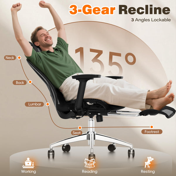 Ergonomic Mesh Office Chair with Footrest, Reclining Back & Adjustable Lumbar Support