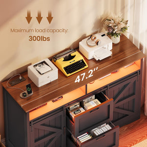 47.2" File Cabinet with 2 Drawers, Barn Door & LED Lights
