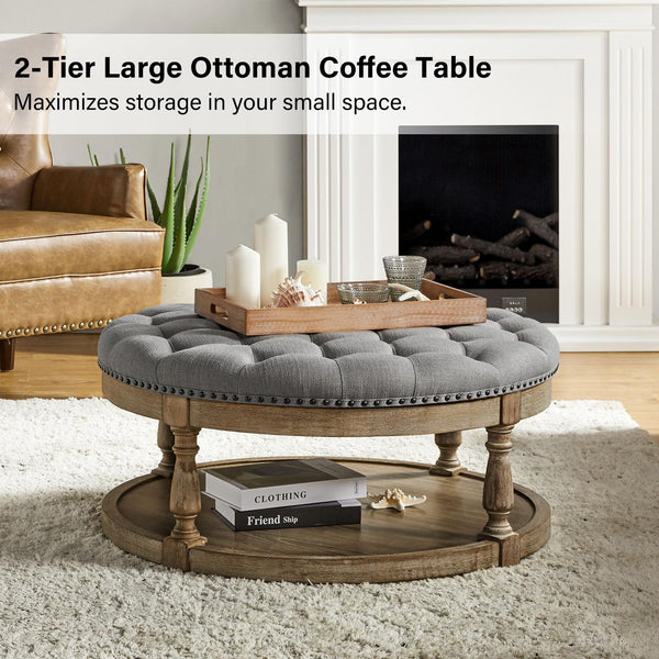 Round Tufted Ottoman with Storage Shelf