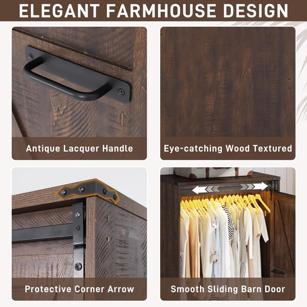 Farmhouse Sliding Door Wardrobe with LED Light & Drawers