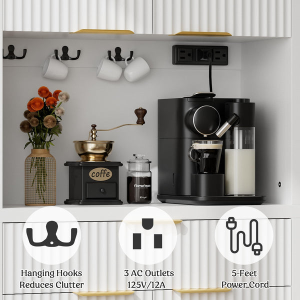 Fluted Pantry Cabinet with Charging Station, Adjustable Shelves & Storage Drawers