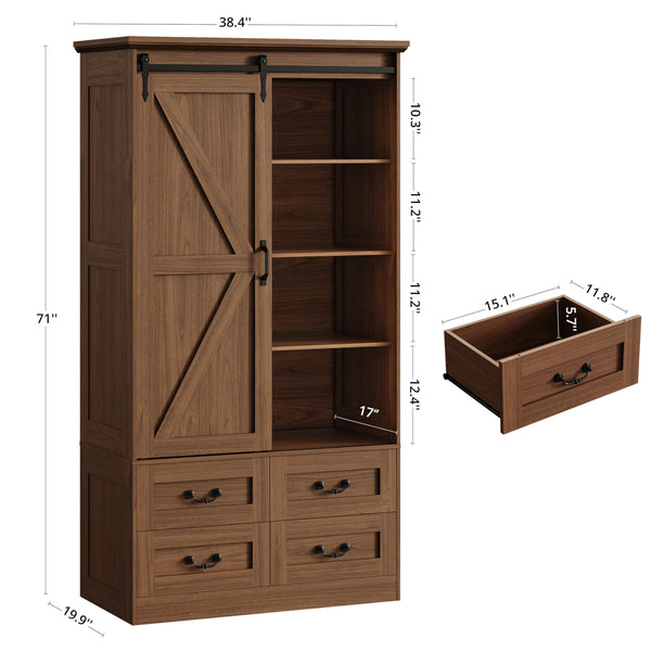 Sliding Barn Door Wardrobe with 4 Drawers & Hanging Rod — 71" Tall Bedroom Armoire