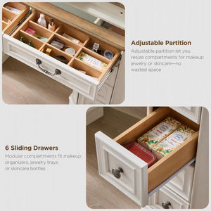 48-Inch Farmhouse Vanity Desk with Lighted Mirror and 8 Drawers