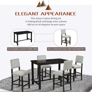 5-Piece Counter Height Dining Table Set – Wooden Table & 4 Upholstered Chairs, Beige & Black