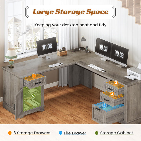 L-Shaped Executive Desk with Drawers, Storage Cabinet & Power Outlet