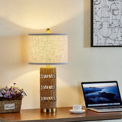 Rattan Table Lamp Set of 2 with USB Charging Ports – 28" Rustic Bedside Lamp