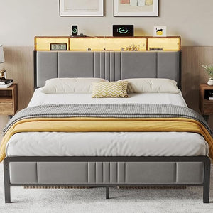 Upholstered Platform Bed Frame with LED Lights, Storage Headboard & Charging Station