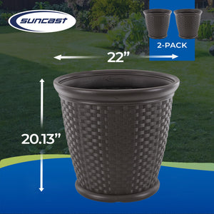 Wicker Round Planter Pot — 22" Resin, Indoor & Outdoor, Drainage Hole