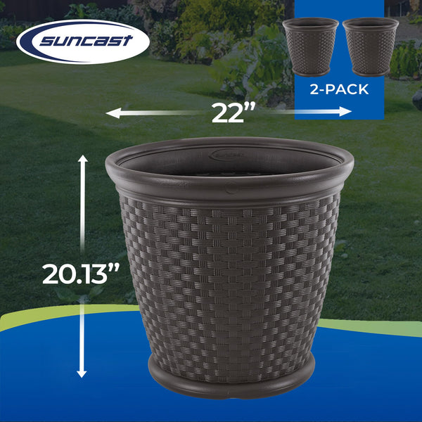 Wicker Round Planter Pot — 22" Resin, Indoor & Outdoor, Drainage Hole