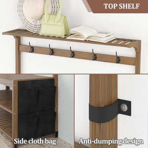 Bamboo Hall Tree with Bench, Shoe Storage & 14 Coat Hooks