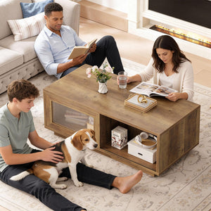 Rustic Wood Coffee Table with Sliding Door Storage