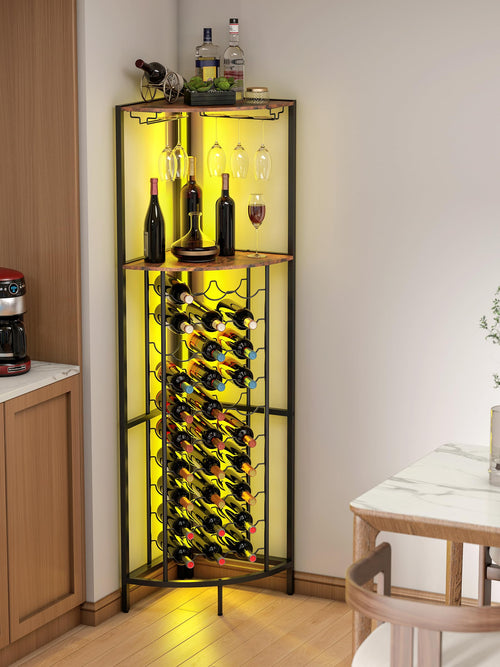 Corner Wine Rack with LED Strip Light & Glass Holder — 30 Bottle, 3-Tier, Brown