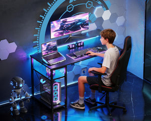 Gaming Desk with LED Lights, Monitor Stand & Side Shelf