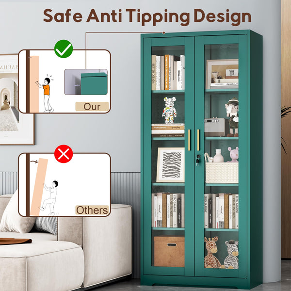 Metal Glass Display Cabinet with Lockable Doors & Adjustable Shelves