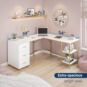 L-Shaped Computer Desk with Drawers & Storage Shelves