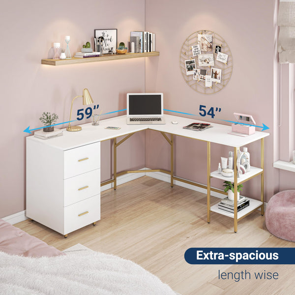 L-Shaped Computer Desk with Drawers & Storage Shelves