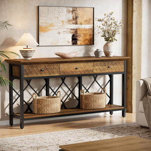 70.86" Industrial Console Table with 3 Drawers & Open Shelf