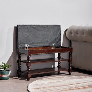 Solid Wood Shoe Storage Bench with Lift-Top Leather Seat, 2-Tier Entryway Organizer
