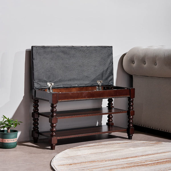 Solid Wood Shoe Storage Bench with Lift-Top Leather Seat, 2-Tier Entryway Organizer