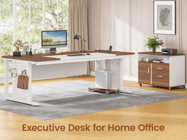 L-Shaped Executive Desk with Rolling File Cabinet & Power Outlets