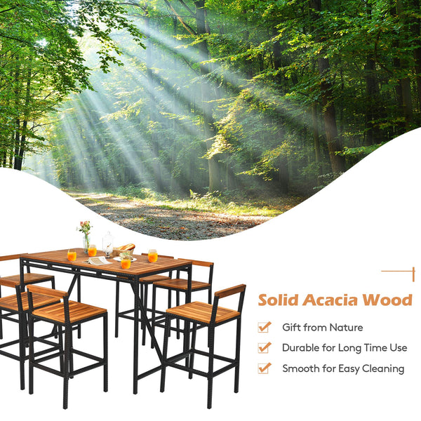 7-Piece Outdoor Acacia Wood Bar Set with 6 Bar Stools