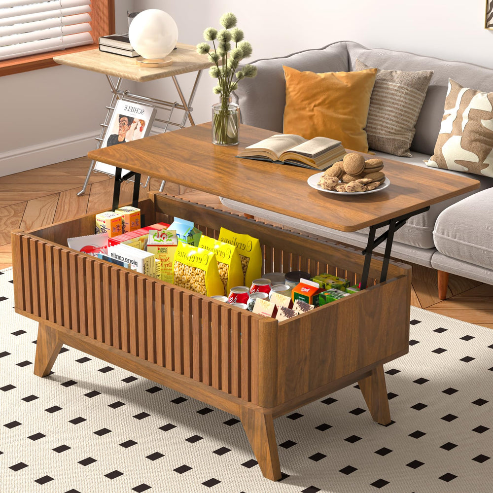 Lift Top Coffee Table with Hidden Compartment, Mid Century Modern Coffee Table for Living Room, Fluted Design Farmhouse Center Table with Storage (Walnut, 35.4" W)