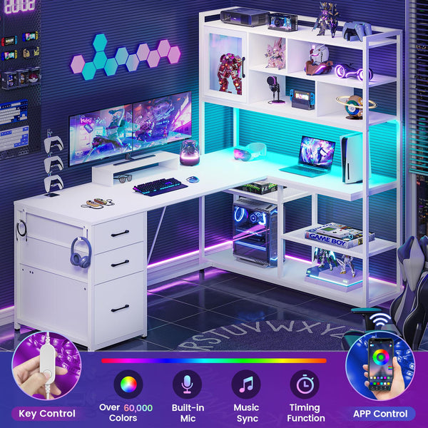 L-Shaped Computer Desk with Bookshelf, Drawers & LED Light