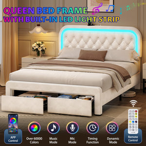 Queen Upholstered Bed Frame with LED Lights & Storage Drawers