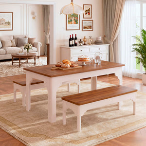 Farmhouse Dining Table Set with 2 Benches, 3-Piece, Brown & White