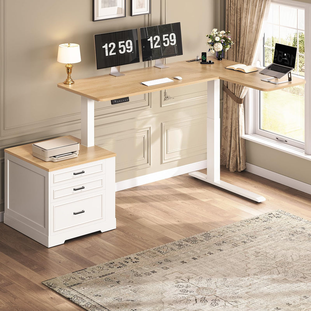 L-Shaped Electric Standing Desk with Drawers & Power Outlet