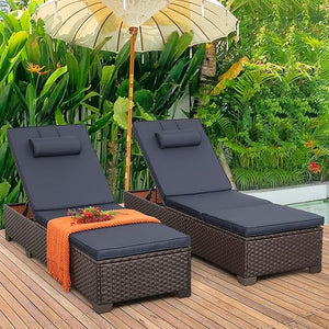 Outdoor Chaise Lounge Set of 2 – Adjustable Wicker Pool Loungers