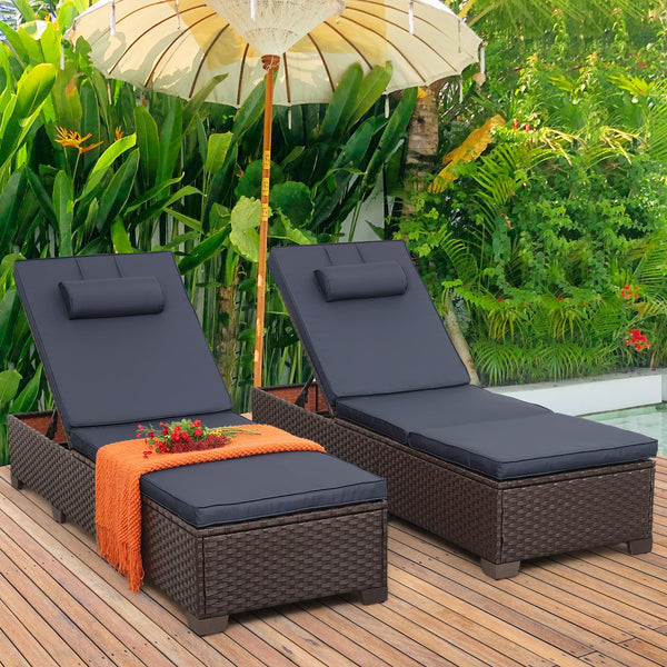 Outdoor Chaise Lounge Set of 2 – Adjustable Wicker Pool Loungers