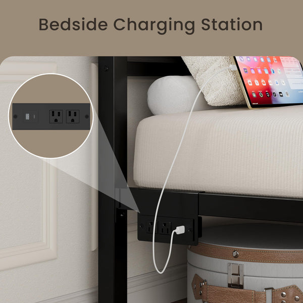 Twin Bed Frame with Storage Drawers, LED Lights & Charging Station