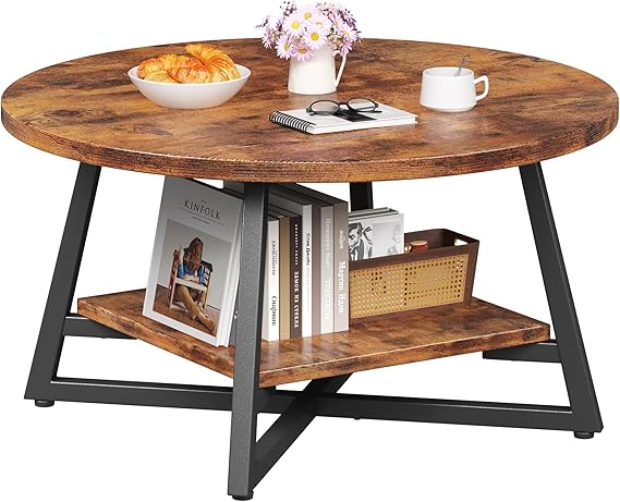 Round Coffee Table with Storage – 2-Tier Modern Wood & Metal Design
