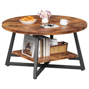 Round Coffee Table with Storage – 2-Tier Modern Wood & Metal Design