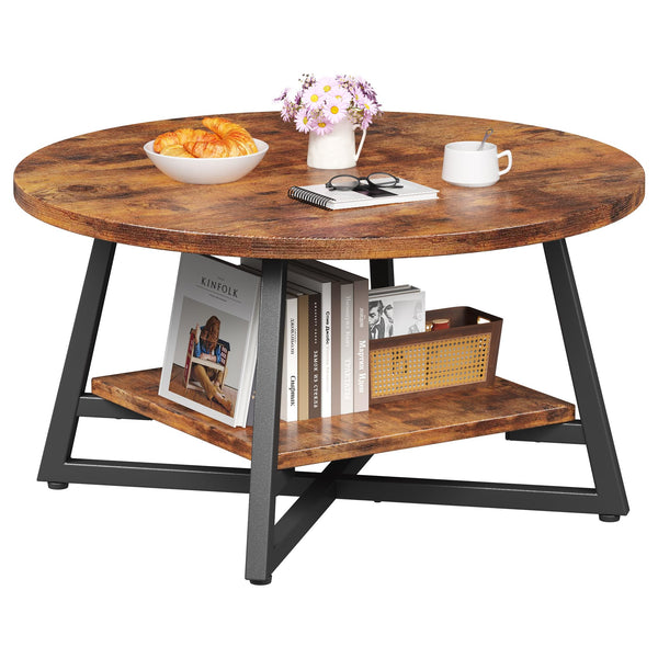 Round Coffee Table with Storage – 2-Tier Modern Wood & Metal Design