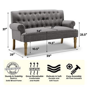 Button-Tufted Linen Loveseat with Wood Frame