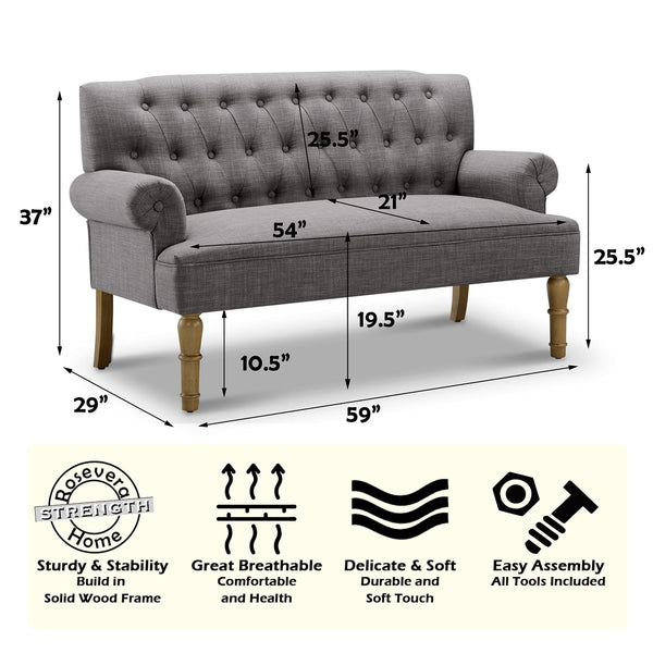 Button-Tufted Linen Loveseat with Wood Frame