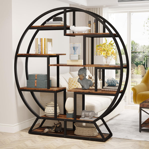 Round Etagere Bookcase with Staggered Shelves, 63" Industrial Bookshelf