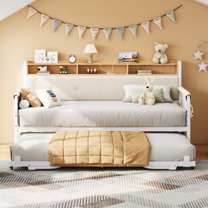 Twin Daybed with Trundle, Upholstered Headboard & Charging Station