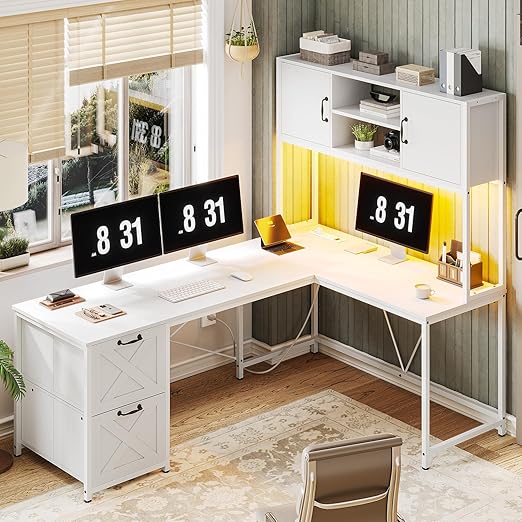 L-Shaped Gaming & Office Desk with LED Lights, Power Outlet, Hutch & Fabric Drawers