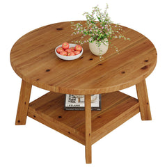 Round Solid Wood Coffee Table with Storage Shelf