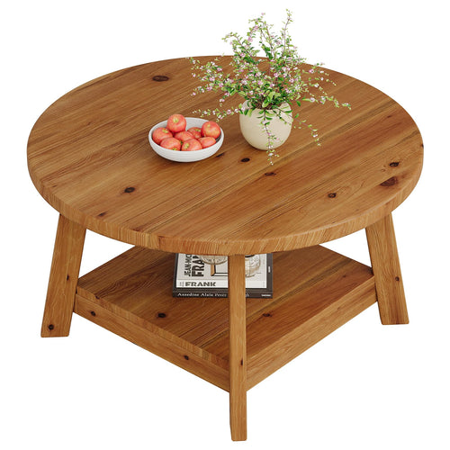 Round Solid Wood Coffee Table with Storage Shelf