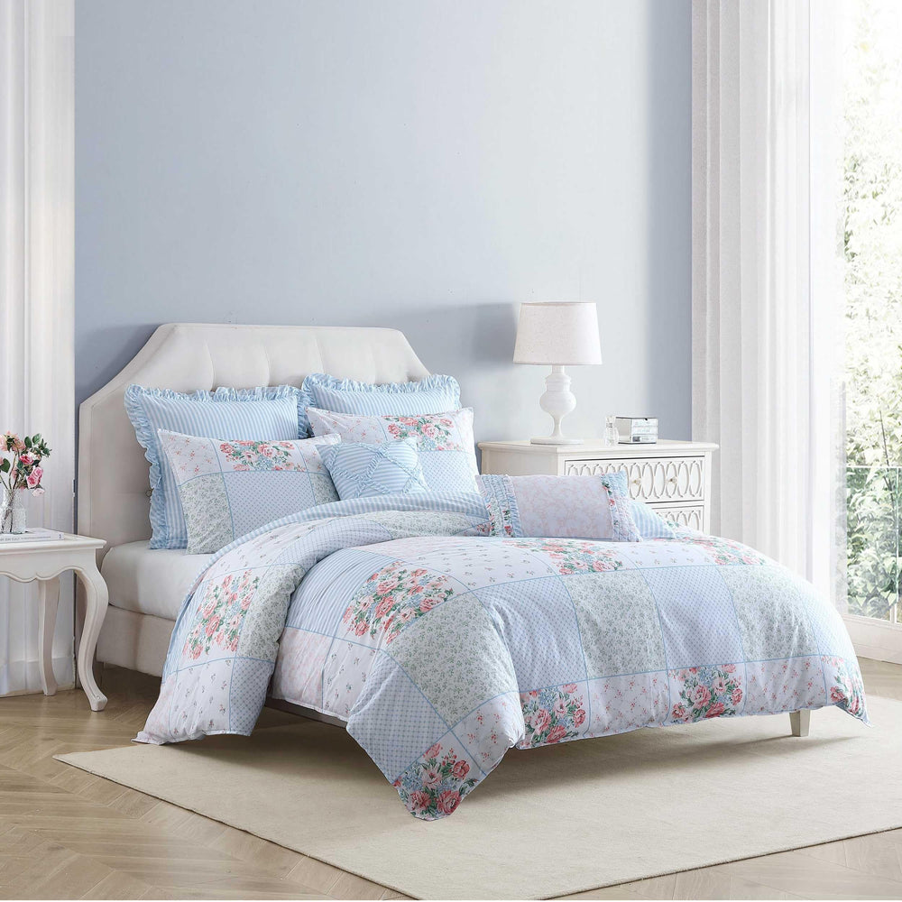 Queen Comforter Set 7-Piece Patchwork Floral Blue