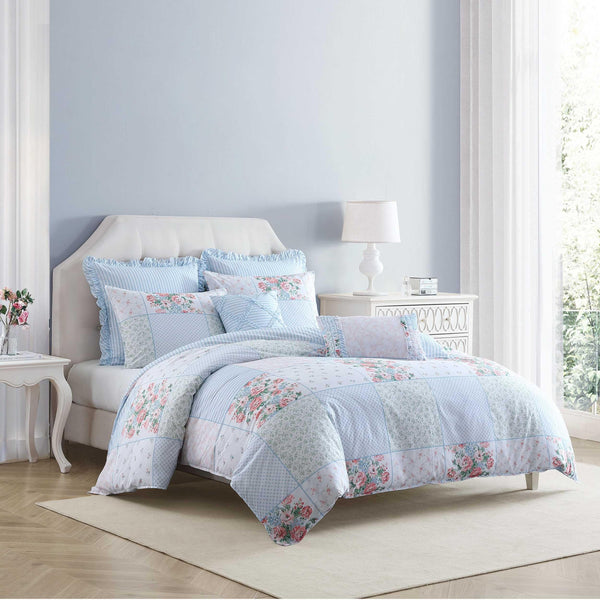 Queen Comforter Set 7-Piece Patchwork Floral Blue