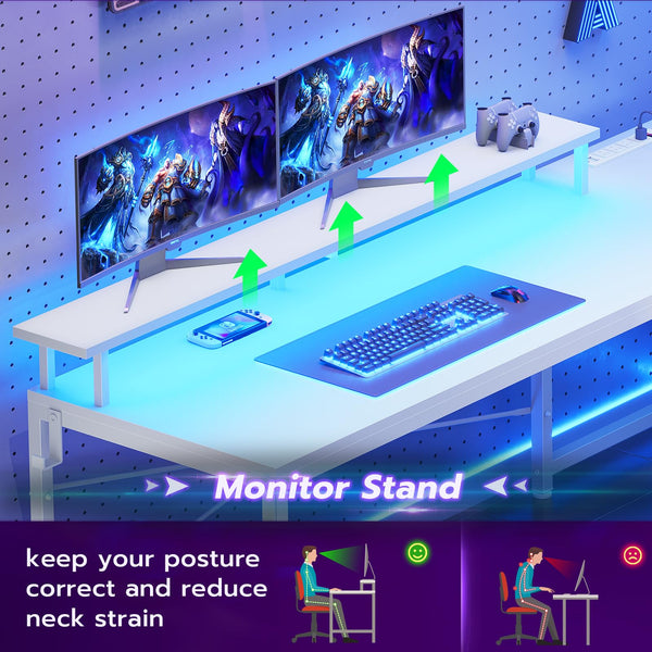 L-Shaped Corner Desk with Storage, LED Lights & Power Outlet