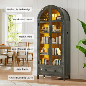 Arch Display Cabinet with Glass Doors, LED Lights & Drawer – 73" Tall