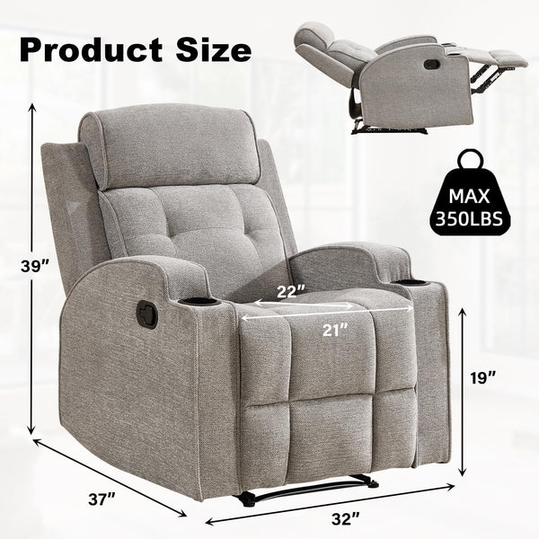 Manual Recliner Chair with Cup Holders & Overstuffed Back